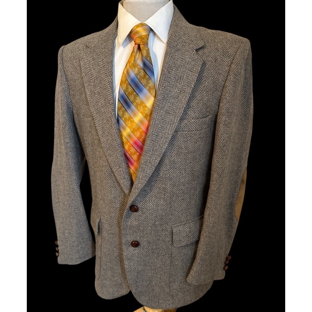 WFF Farah Sport Coat Blazer 42R Tweed Gray Blue Herringbone Wool Elbow Patches